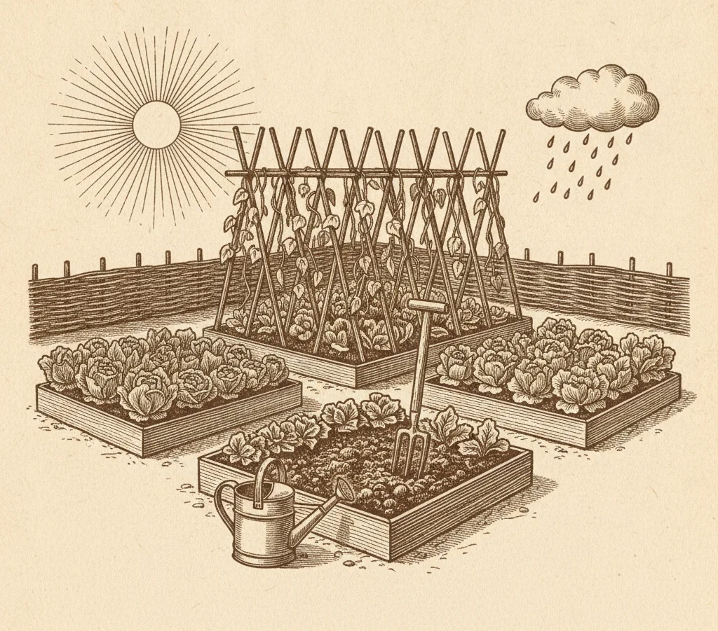 A no dig kitchen garden under a sun and a passing rain cloud